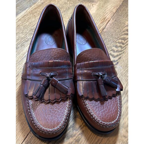 New! H.S. Trask Leather Tassel Kiltie Loafer Handcrafted Brown Green Sz 10.5 M - Picture 1 of 7